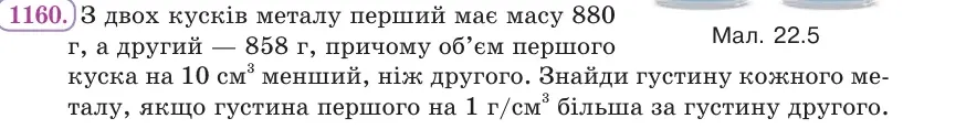 Умова: вправа 1160: З двох кусків металу перший має масу 880 г, а другий — 858 г, причому об’єм першого куска на 10 см³ менший, ніж другого