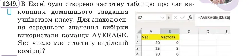 Умова: вправа 1249: В Excel було створено частотну таблицю про час виконання домашнього завдання учнівством класу (час