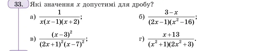 Умова: вправа 33: Які значення x допустимі для дробу?