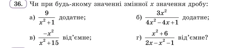 Умова: вправа 36: Чи при будь-якому значенні змінної x значення дробу