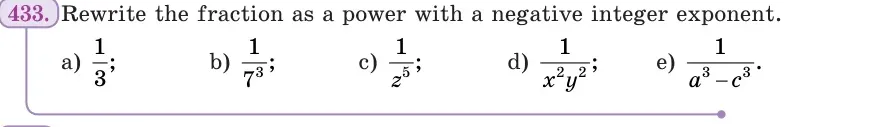 Умова: вправа 433: Rewrite the fraction as a power with a negative integer exponent