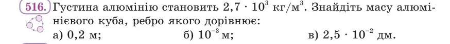 Умова: вправа 516: Густина алюмінію становить 2,7 · 10³ кг/м³