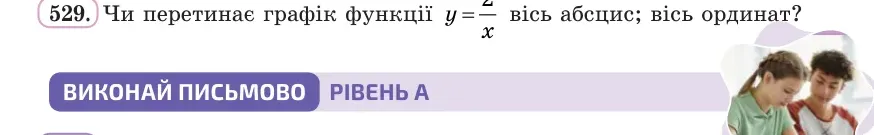 Умова: вправа 529: Чи перетинає графік функції y = 2/x вісь абсцис; вісь ординат?