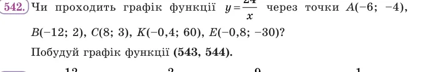 Умова: вправа 542: Чи проходить графік функції y = 24/x через точки A(−6; −4), B(−12; 2), C(8; 3), K(−0,4; 60), E(−0,8; −30)?