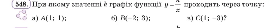 Умова: вправа 548: При якому значенні k графік функції y = k/x проходить через точку