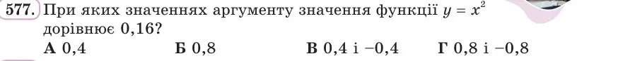 Умова: вправа 577: При яких значеннях аргументу значення функції y = x² дорівнює 0,16?
