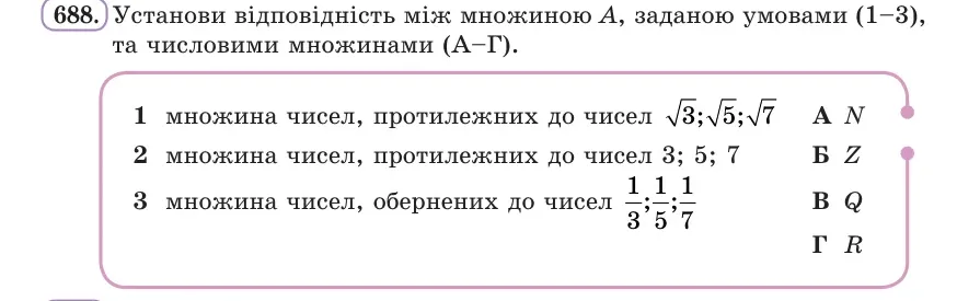 Умова: вправа 688: Установи відповідність між множиною A, заданою умовами (1–3), та числовими множинами (А–Г)