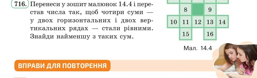 Умова: вправа 716: Перенеси у зошит малюнок 14.4 і перестав числа так, щоб чотири суми — у двох горизонтальних і двох вертикальних рядах — стали рівними