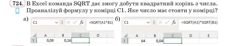 Умова: вправа 724: В Excel команда SQRT дає змогу добути квадратний корінь з числа
