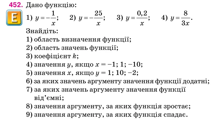 Умова: вправа 452: Дано функцію: 1)