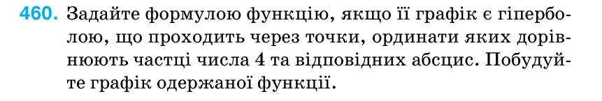 Умова: вправа 460: Задайте формулою функцію, якщо її графік є гіпербо- лою, що проходить через точки, ординати яких дорів- нюють частці числа 4 та відповідних абсцис.