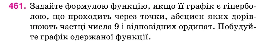 Умова: вправа 461: Задайте формулою функцію, якщо її графік є гіпербо- лою, що проходить через точки, абсциси яких дорів- нюють частці числа 9 і відповідних ординат.