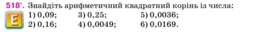 Умова: вправа 518: Знайдіть арифметичний квадратний корінь із числа