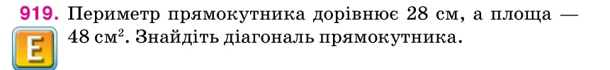 Умова: вправа 919: Периметр прямокутника дорівнює 28 см, а площа — 48 см2.
