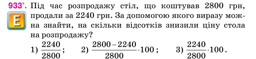 Умова: вправа 933: Під час розпродажу стіл, що коштував 2800 грн, продали за 2240 грн.