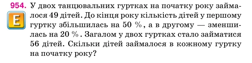 Умова: вправа 954: У двох танцювальних гуртках на початку року займа- лося 49 дітей.