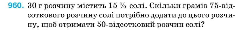 Умова: вправа 960: 30 г розчину містить 15 % солі.