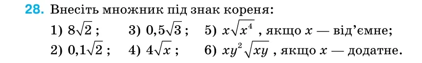 Умова: вправа 28 (повторення): Внесіть множник під знак кореня