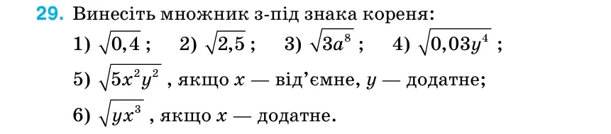 Умова: вправа 29 (повторення): Винесіть множник з-під знака кореня