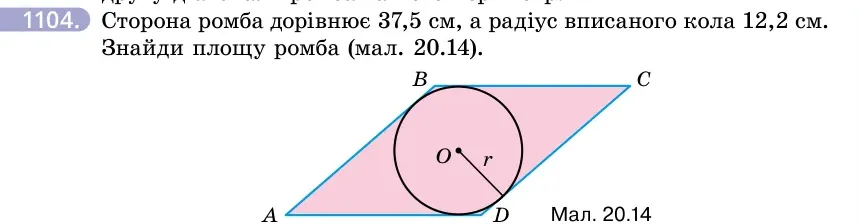 Умова: вправа 1104: Сторона ромба дорівнює 37,5 см, а радіус вписаного кола 12,2 см