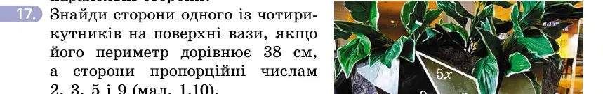 Умова: вправа 17: Знайди сторони одного із чотирикутників на поверхні вази, якщо його периметр дорівнює 38 см, а сторони пропорційні числам 2, 3, 5 і 9 (мал