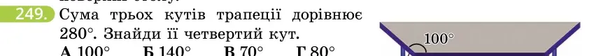 Умова: вправа 249: Сума трьох кутів трапеції дорівнює 280°