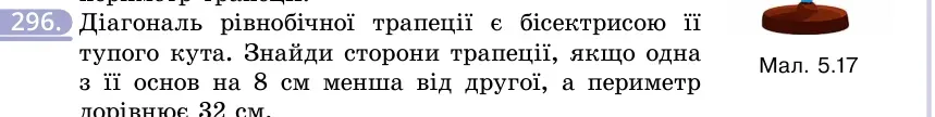 Умова: вправа 296: Діагональ рівнобічної трапеції є бісектрисою її тупого кута