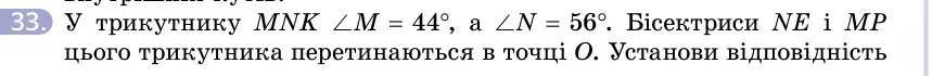 Умова: вправа 33: У трикутнику MNK ∠M = 44°, а ∠N = 56°