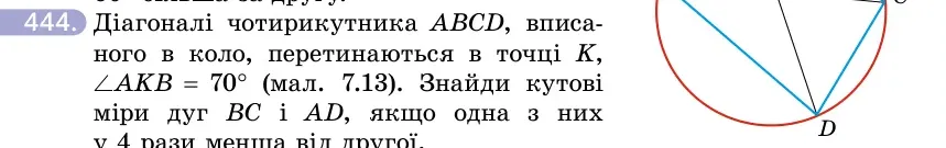 Умова: вправа 444: Діагоналі чотирикутника ABCD, вписаного в коло, перетинаються в точці K, ∠AKB = 70° (мал