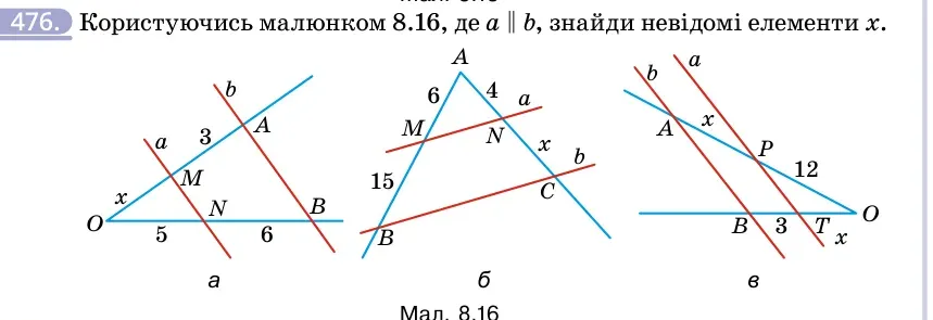 Умова: вправа 476: Користуючись малюнком 8.16, де a ∥ b, знайди невідомі елементи x