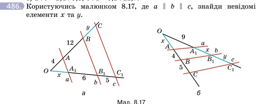 Умова: вправа 486: Користуючись малюнком 8.17, де a ∥ b ∥ c, знайди невідомі елементи x та y