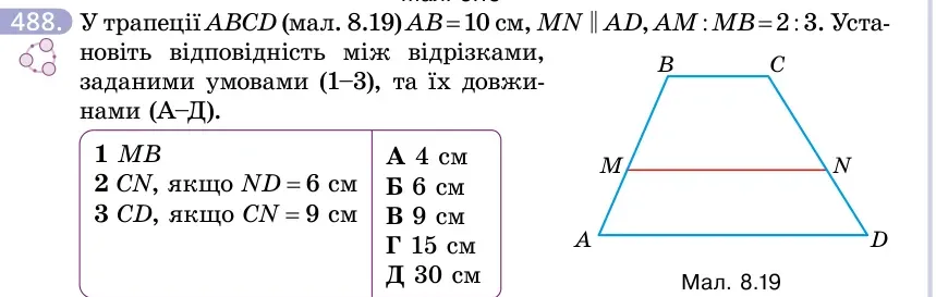 Умова: вправа 488: У трапеції ABCD (мал