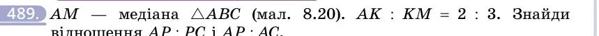 Умова: вправа 489: AM — медіана △ABC (мал