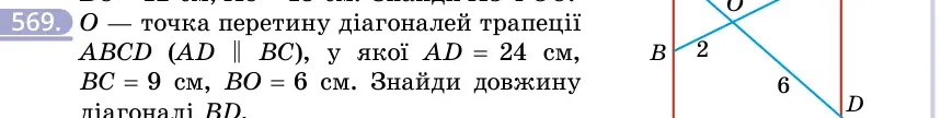 Умова: вправа 569: O — точка перетину діагоналей трапеції ABCD (AD ∥ BC), у якої AD = 24 см, BC = 9 см, BO = 6 см