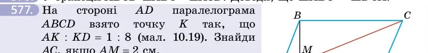 Умова: вправа 577: На стороні AD паралелограма ABCD взято точку K так, що AK