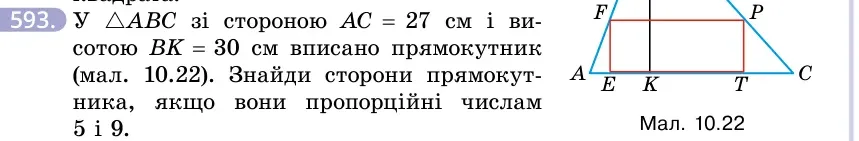 Умова: вправа 593: У △ABC зі стороною AC = 27 см і висотою BK = 30 см вписано прямокутник (мал