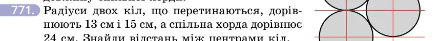 Умова: вправа 771: Радіуси двох кіл, що перетинаються, дорівнюють 13 см і 15 см, а спільна хорда дорівнює 24 см
