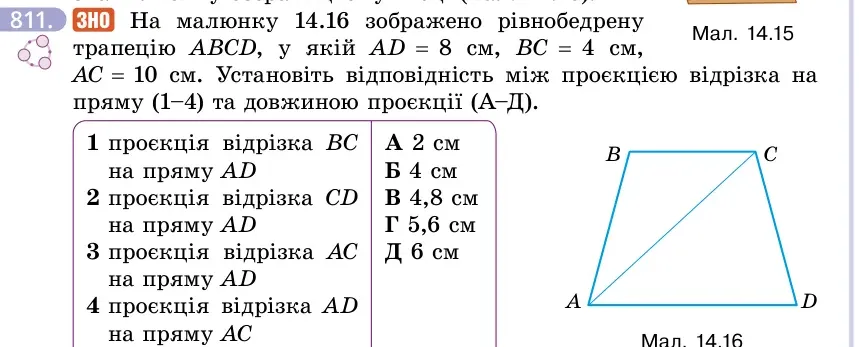 Умова: вправа 811: ЗНО На малюнку 14.16 зображено рівнобедрену трапецію ABCD, у якій AD = 8 см, BC = 4 см, AC = 10 см