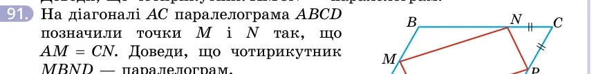 Умова: вправа 91: На діагоналі AC паралелограма ABCD позначили точки M і N так, що AM = CN