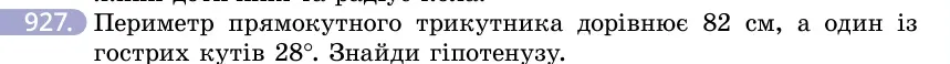 Умова: вправа 927: Периметр прямокутного трикутника дорівнює 82 см, а один із гострих кутів 28°