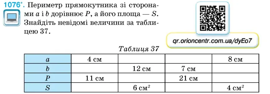 Умова: вправа 1076: Периметр прямокутника зі сторонами a і b дорівнює P, а його площа – S