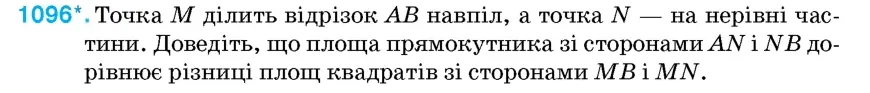 Умова: вправа 1096: Точка M ділить відрізок AB навпіл, а точка N – на нерівні частини