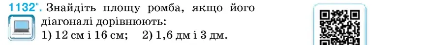 Умова: вправа 1132: Знайдіть площу ромба, якщо його діагоналі дорівнюють