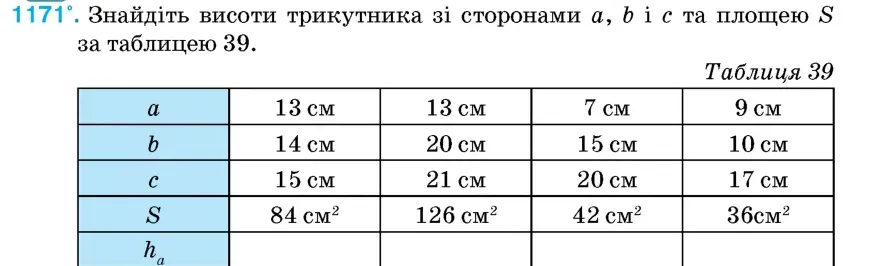 Умова: вправа 1171: Знайдіть висоти трикутника зі сторонами a, b і c та площею S за таблицею 39