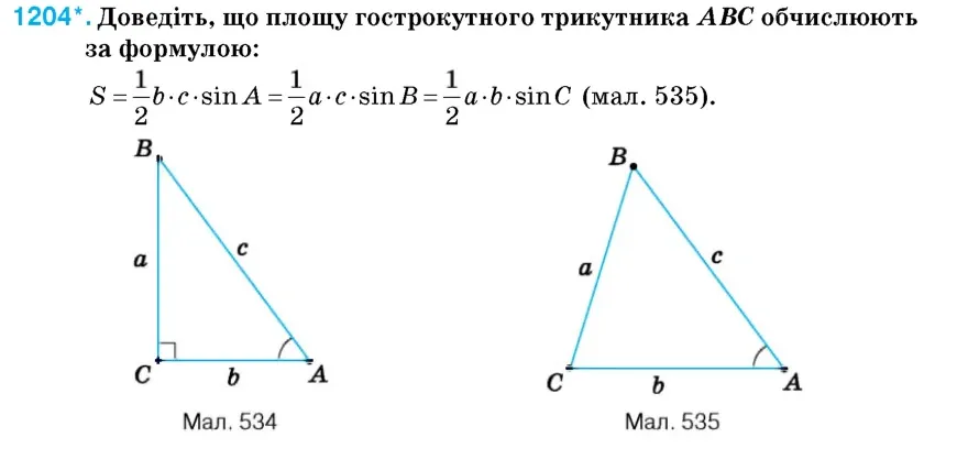Умова: вправа 1204: Доведіть, що площу гострокутного трикутника ABC обчислюють за формулою