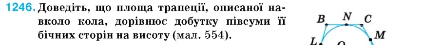 Умова: вправа 1246: Доведіть, що площа трапеції, описаної навколо кола, дорівнює добутку півсуми її бічних сторін на висоту (мал