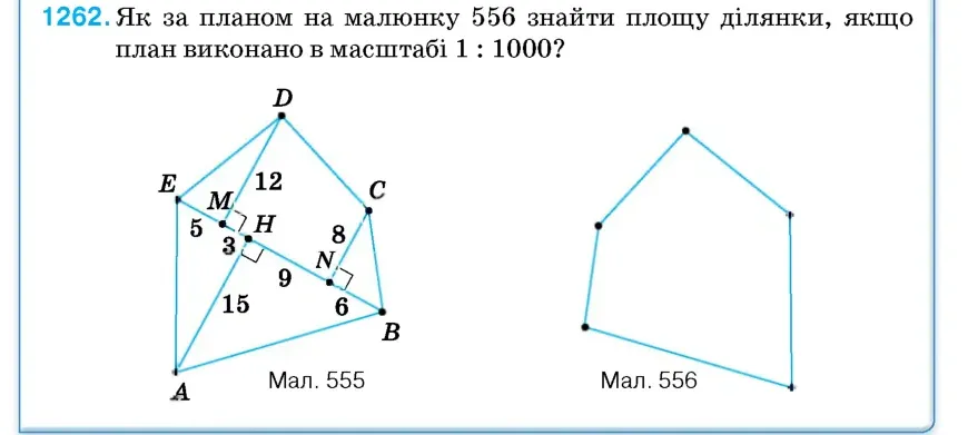 Умова: вправа 1262: Як за планом на малюнку 556 знайти площу ділянки, якщо план виконано в масштабі 1