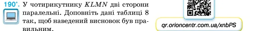 Умова: вправа 190: У чотирикутнику KLMN дві сторони паралельні