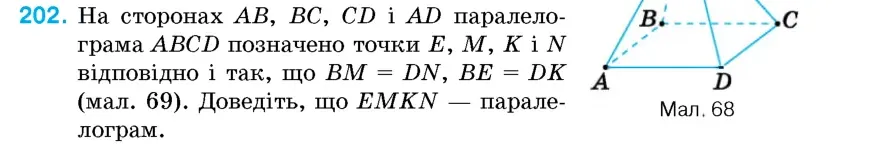 Умова: вправа 202: На сторонах AB, BC, CD і AD паралелограма ABCD позначено точки E, M, K і N відповідно і так, що BM = DN, BE = DK (мал