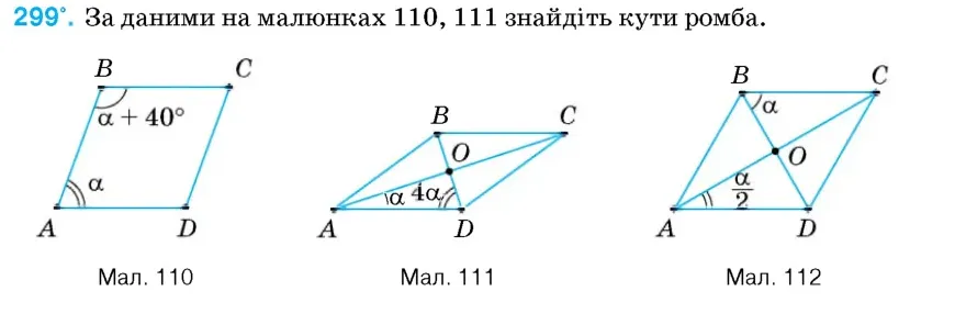 Умова: вправа 299: За даними на малюнках 110, 111 знайдіть кути ромба